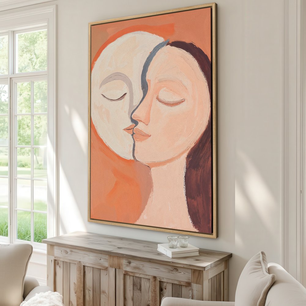 Framed Wall Art: Abstract faces in warm peach & brown tones. Modern art Canvas Print adds a touch of elegance to any room.