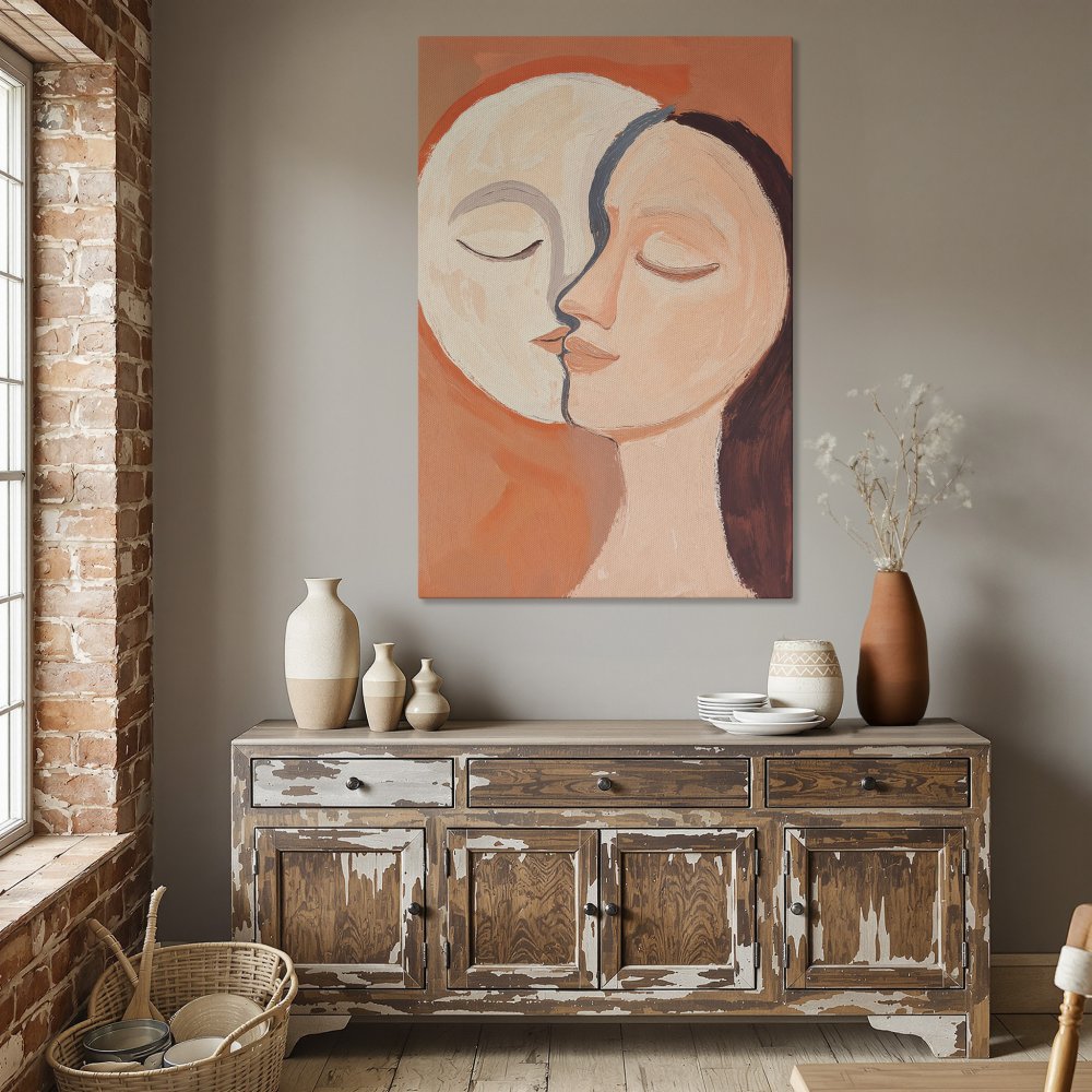 Framed Wall Art: Abstract portrait of two faces in warm peach tones. Modern art for dining room decor. Enhance your space with this Canvas Print.