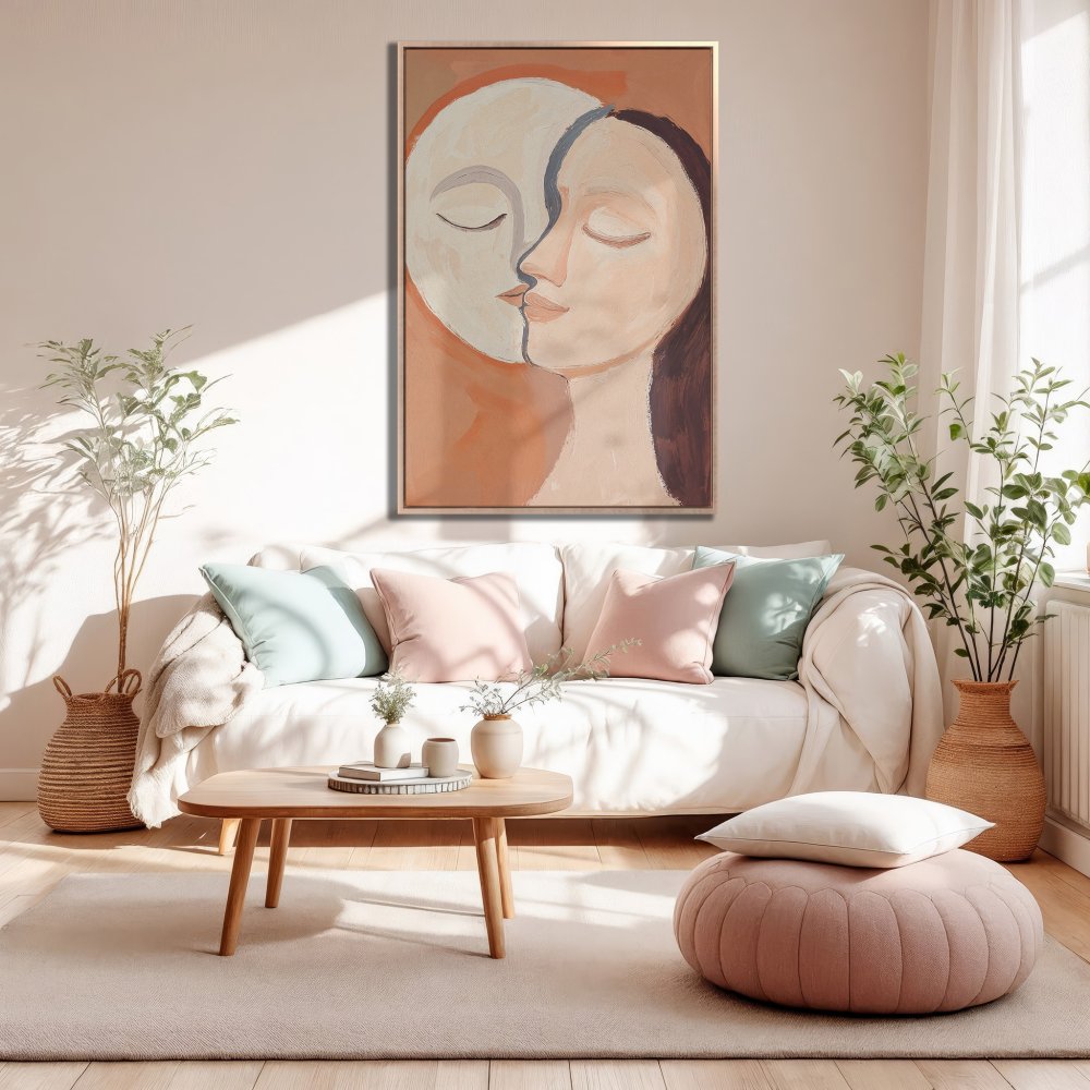 Framed Wall Art: Abstract faces in warm terracotta tones. Modern Canvas Print adds a touch of serenity to any living room.