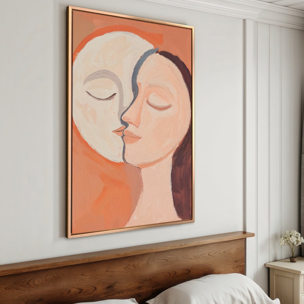 Framed Wall Art: Abstract faces Canvas Print in warm orange tones. Modern art for bedroom decor.