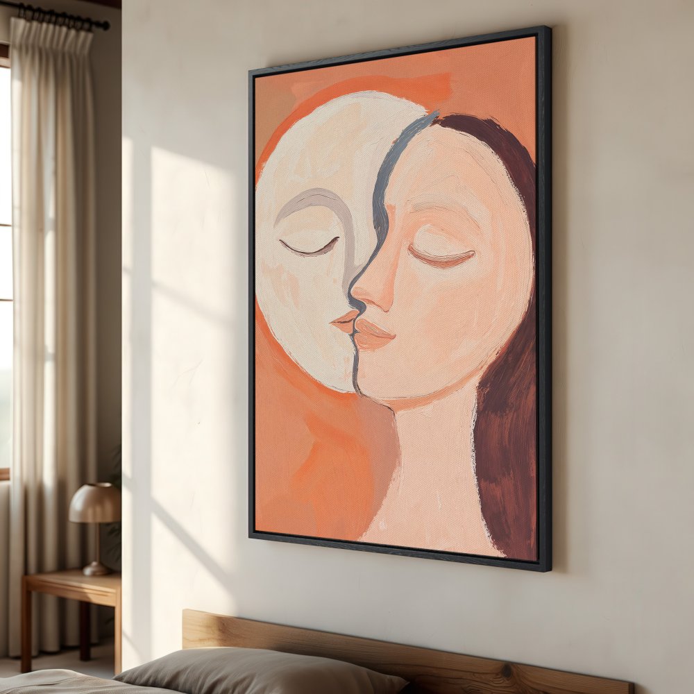 Framed Wall Art: Abstract faces in warm peach tones. Modern art Canvas Print perfect for bedroom decor. Shop now!