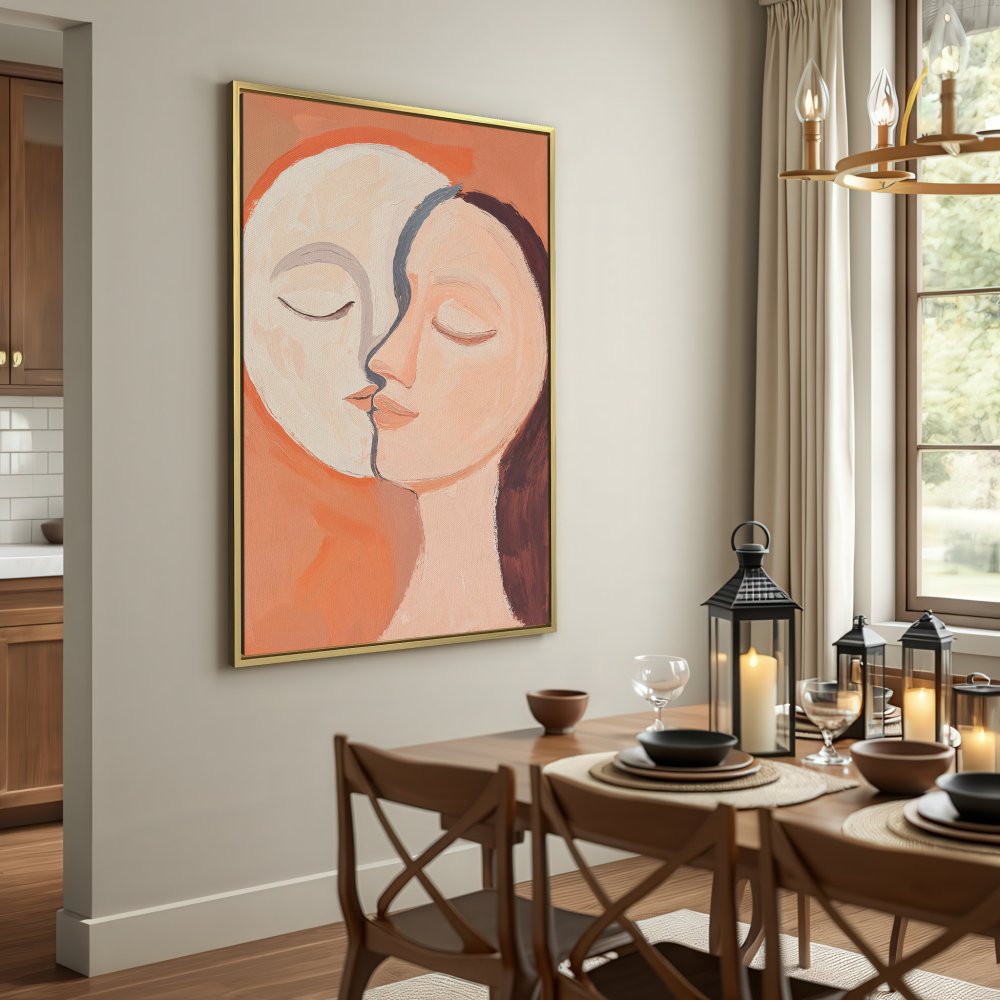 Canvas Print of abstract faces in warm peach and brown tones, perfect for modern home decor.