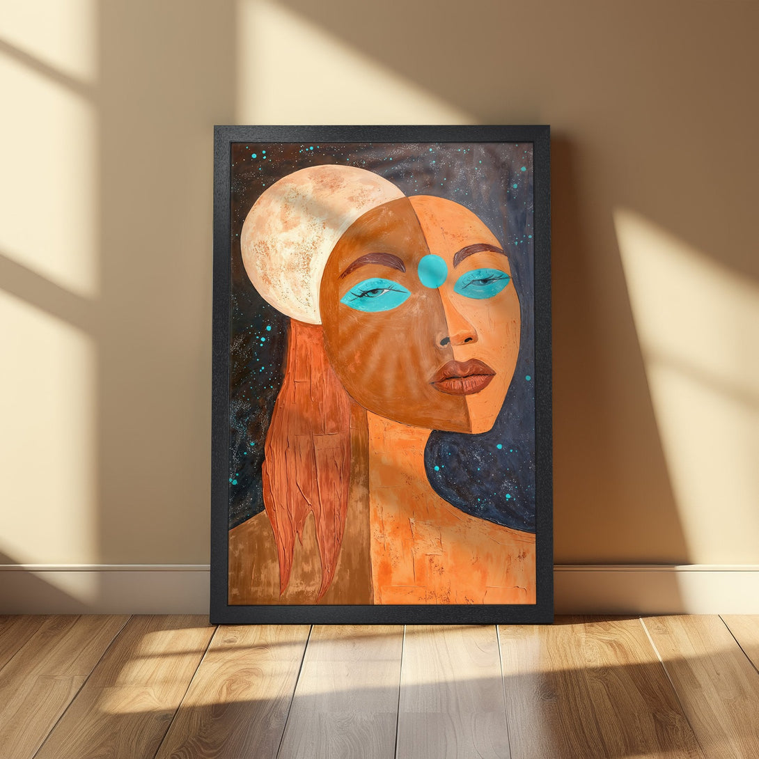 Framed Poster featuring a woman's face with a moon, in a modern style. Earthy tones with teal accents. Perfect wall art.