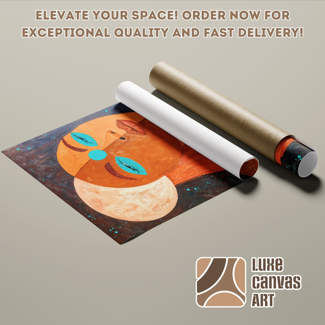 Abstract art Poster Roll featuring a face with orange, teal, and brown tones. Elevate your space with Luxe Canvas Art!