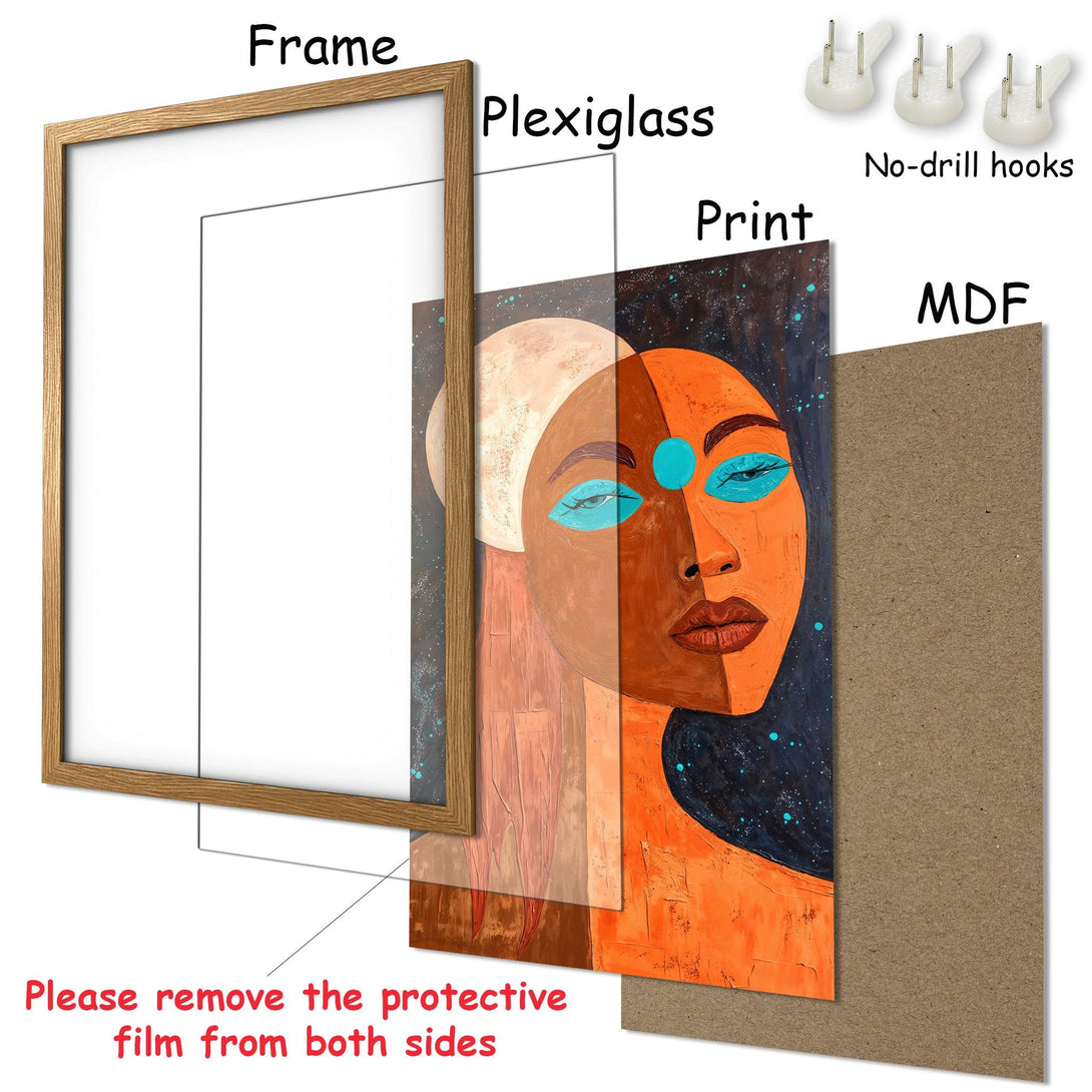 Framed Poster featuring an abstract portrait with warm orange and blue tones. Modern art style, perfect for home decor.