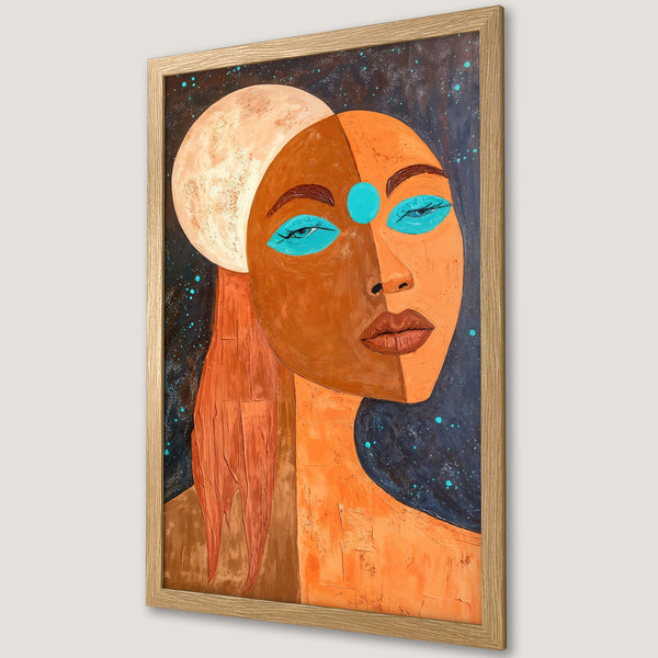 Framed Poster featuring a woman's face, abstract style, with orange, teal, and dark blue color palette. Perfect wall art!
