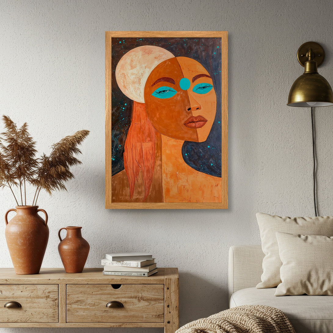 Framed Poster featuring a stylized portrait with a warm color palette. Modern art print of a woman with moon and turquoise accents. Perfect wall decor.