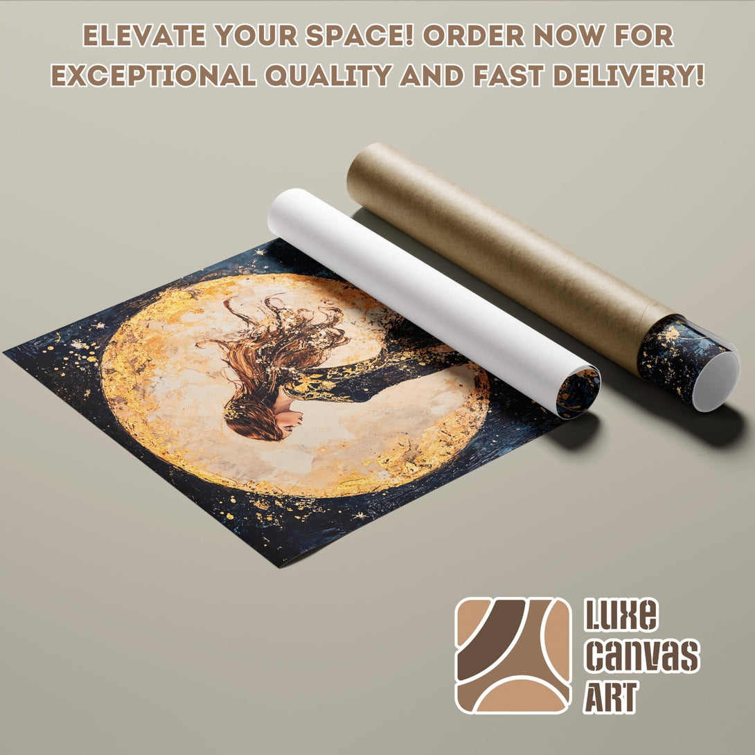 Poster Roll featuring a woman in a gold moon, artistic style, dark blue, gold, and tan color palette. Elevate your space!