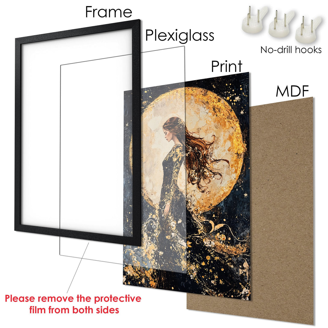 Framed Poster featuring a woman in a celestial design, with a gold and black color palette. Perfect wall art for your home!