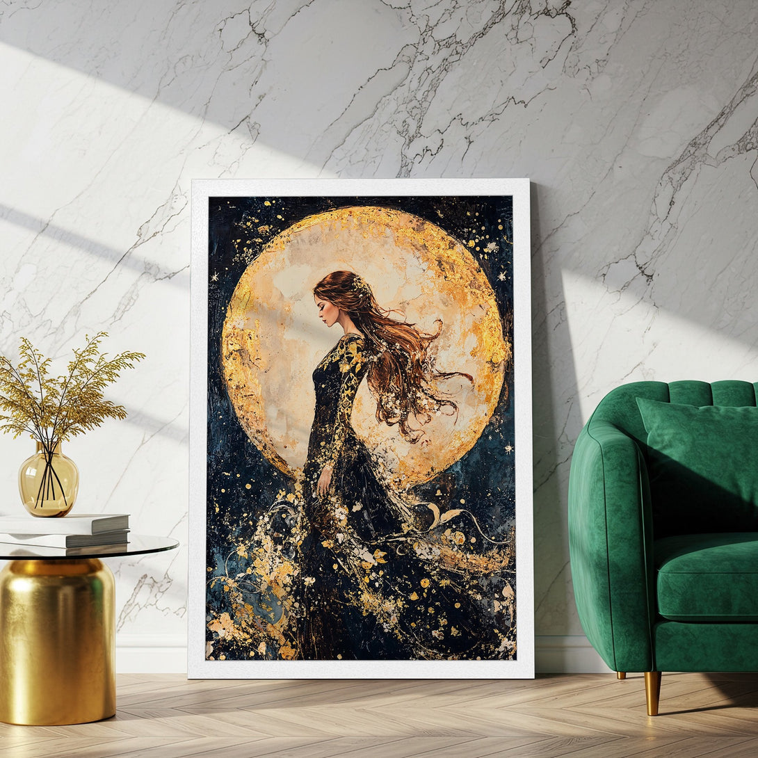 Framed Poster featuring a woman against a golden moon, artistic style, with a dark blue and gold color palette. Perfect wall art.
