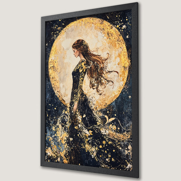 Framed Poster featuring a woman in a black dress with gold accents, set against a golden moon. Dark blue and gold color palette, artistic style.