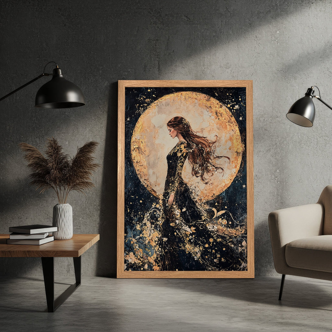 Framed Poster featuring a woman in black and gold against a golden moon, artistic style, dark and warm color palette.