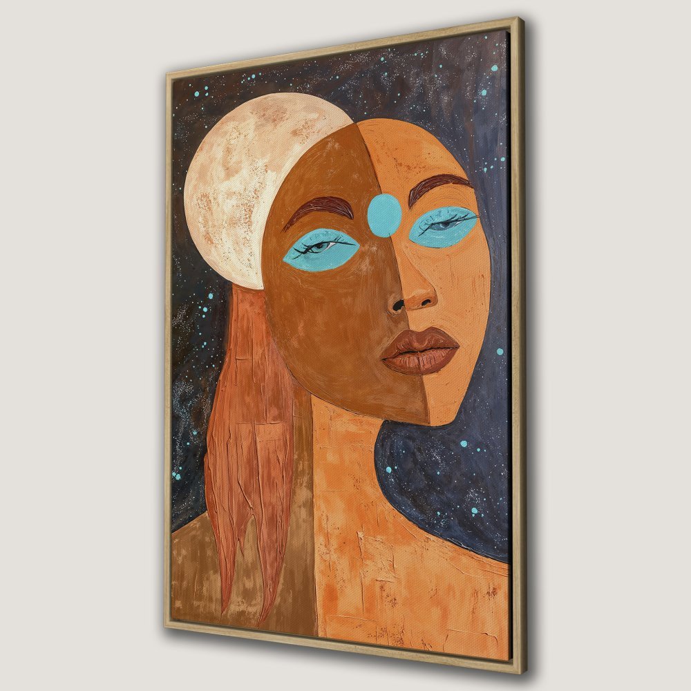 Framed Wall Art: Abstract portrait of a woman with moon, in warm earth tones and teal accents. Modern art for your home.