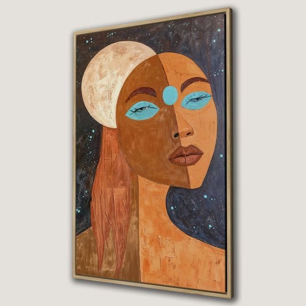 Framed Wall Art: Abstract portrait of a woman with moon, in warm earth tones and teal accents. Modern art for your home.