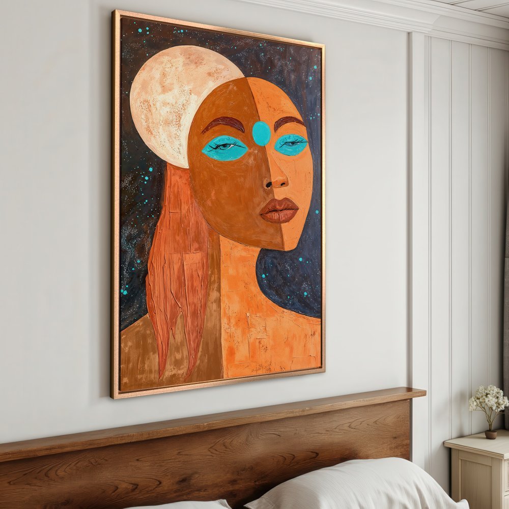 Framed Wall Art: Abstract portrait in warm earth tones with teal accents. Modern art canvas print perfect for bedroom decor.