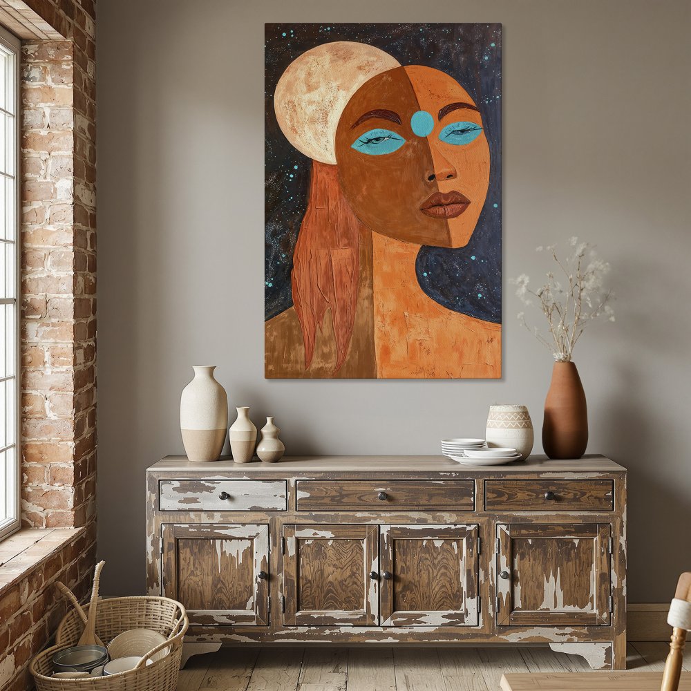 Framed Wall Art: Abstract portrait Canvas Print with warm orange, blue, and brown tones. Modern art for dining room decor.