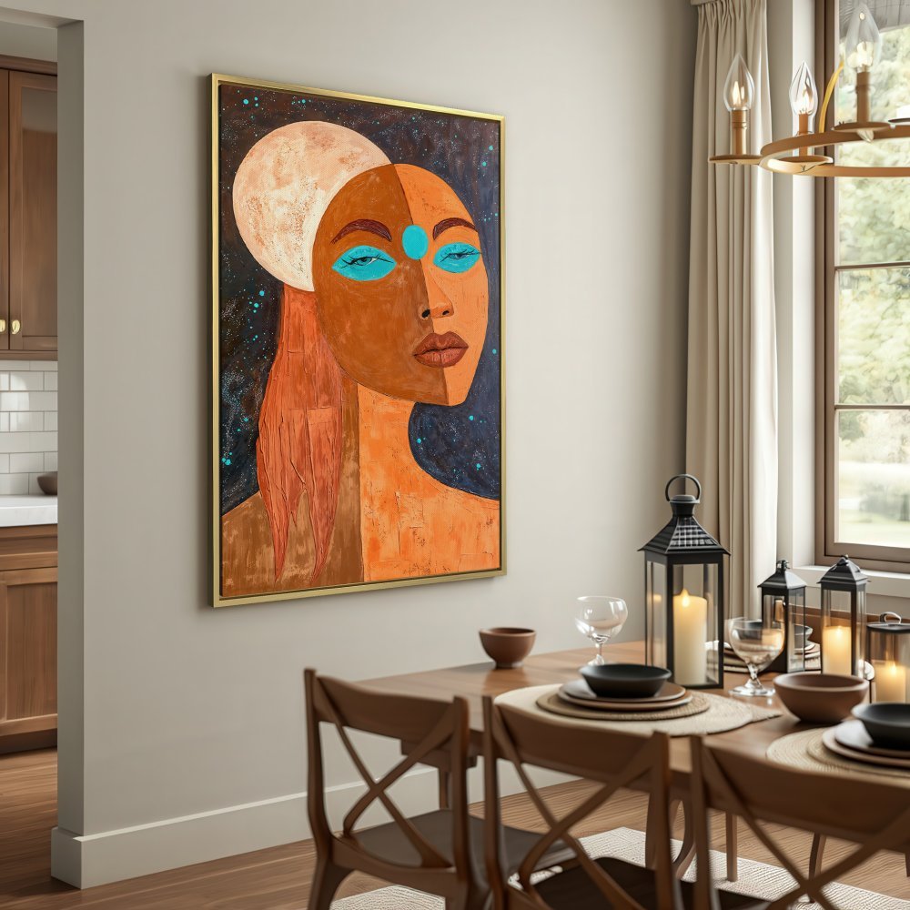 Canvas Print of a woman's face with moon, abstract art in warm earth tones and teal, perfect for modern home decor.