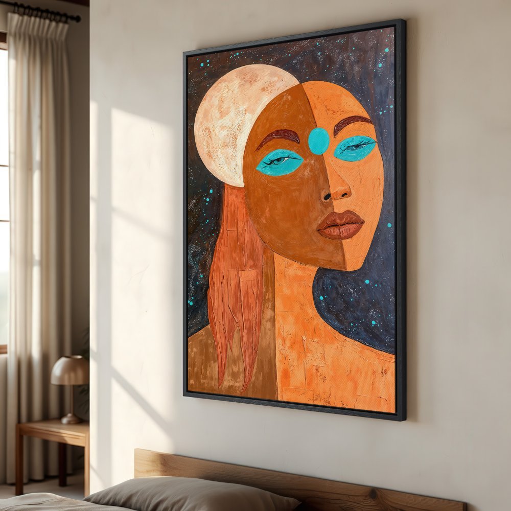 Framed Wall Art: Abstract portrait Canvas Print with warm earth tones, teal accents, and a celestial theme. Add modern art to your space!