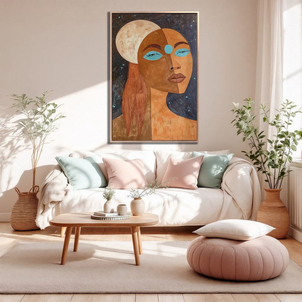 Framed Wall Art: Abstract portrait Canvas Print with earthy tones & teal accents. Modern art for living room decor.