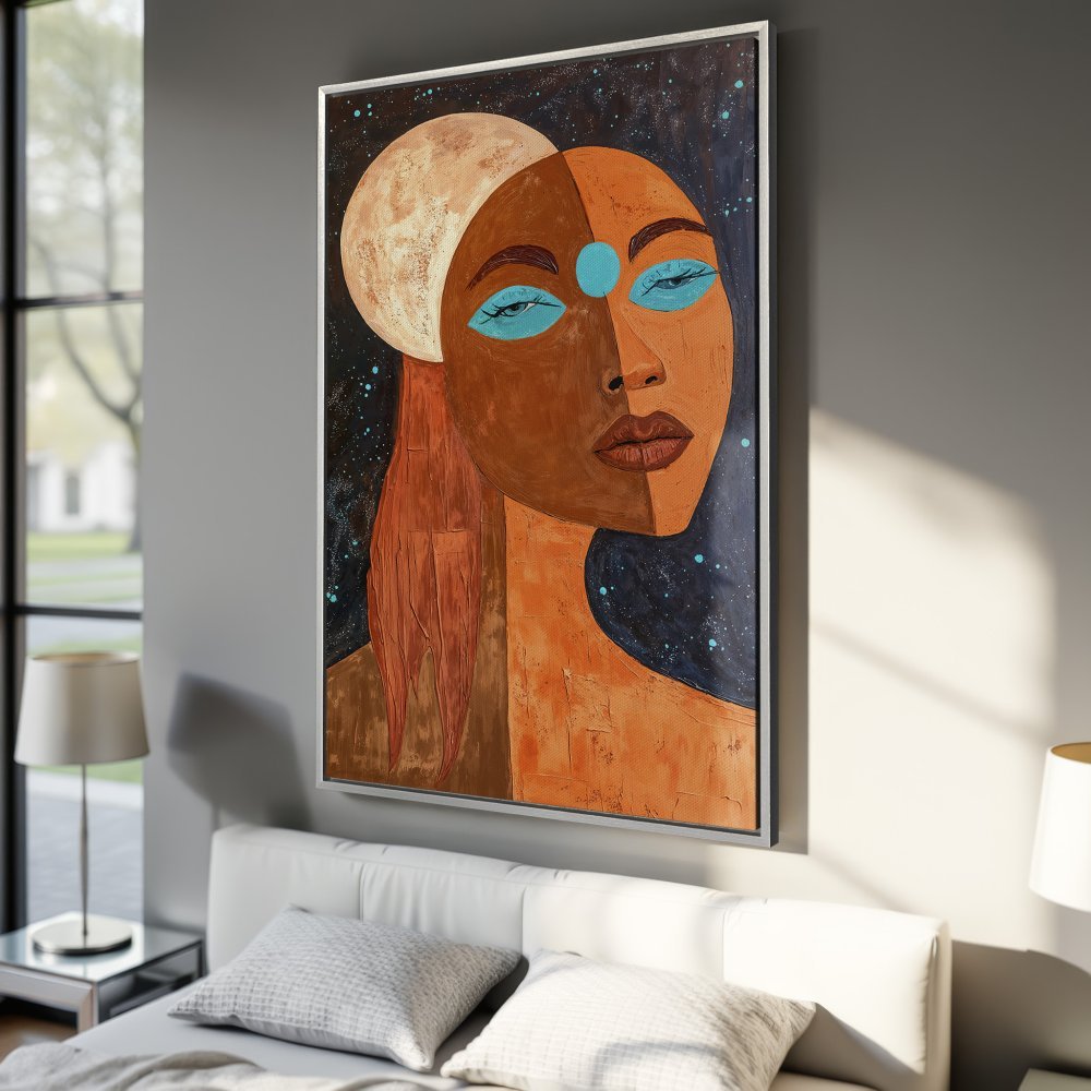 Framed Wall Art: Abstract portrait canvas print in warm earth tones with pops of teal. Modern art for your home decor.