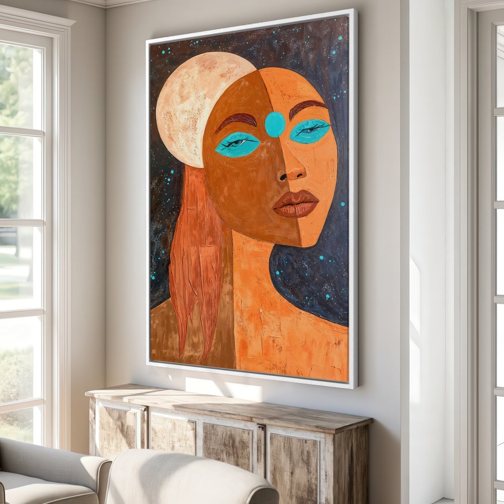 Framed Wall Art: Abstract portrait Canvas Print with warm orange & teal tones. Modern art for home decor.