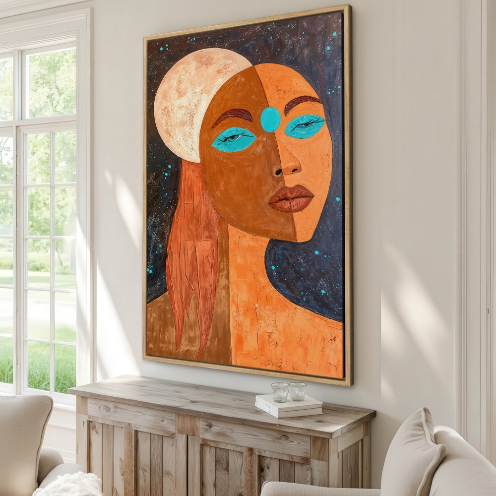 Framed Wall Art: Abstract portrait in warm orange and blue tones. Modern canvas print of a woman with a moon, perfect for any interior.