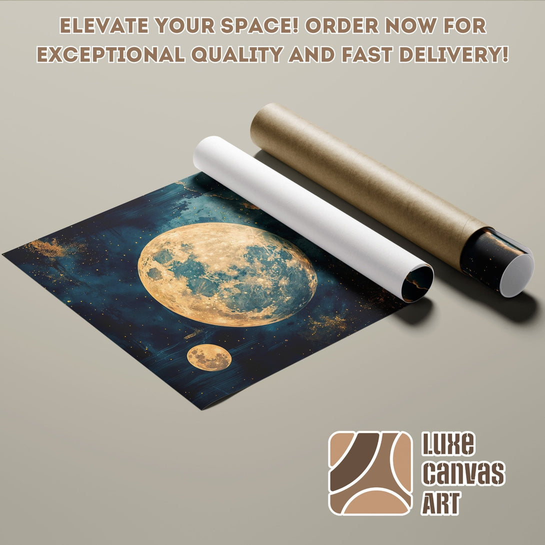 Moon art Poster Roll in blue and gold, perfect for celestial decor. Order now for fast delivery!