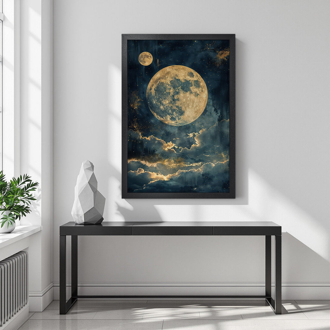 Framed Poster featuring a celestial moon and cloudscape, artfully rendered in a dark blue and gold color palette. Elevate your space!