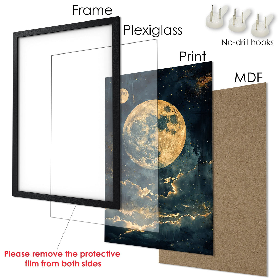 Framed Poster featuring a celestial moon and cloudscape. Dark blue and gold color palette, perfect for any space. Shop now!