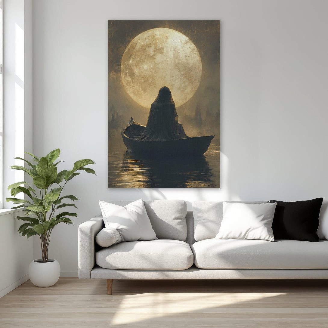 Framed Wall Art: Mystical art print featuring a figure in a boat under a full moon. Moody, dark, and gold color palette. Perfect for adding drama to your decor.
