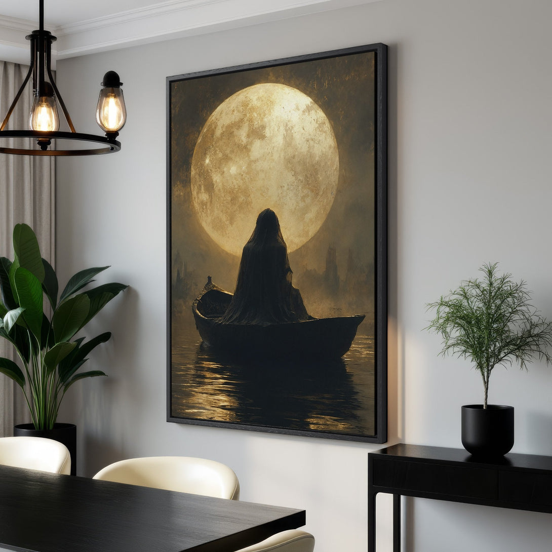 Framed Wall Art: Mystical scene of a figure in a boat under a golden moon. Moody, artistic style with a warm, dark color palette. Perfect for home decor.