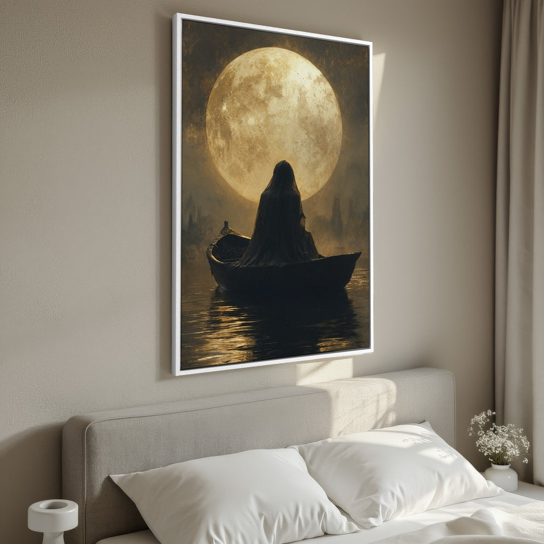 Framed Wall Art: Mystical scene of figure in boat under moon. Dark, moody art with gold and black tones. Perfect for adding drama to any room.