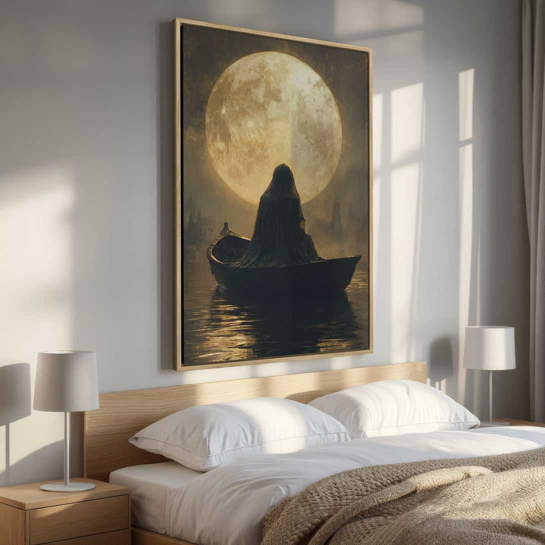 Framed Wall Art featuring a mystical scene with a figure in a boat under a large moon. Moody, dark color palette with gold and black tones. Perfect bedroom decor.