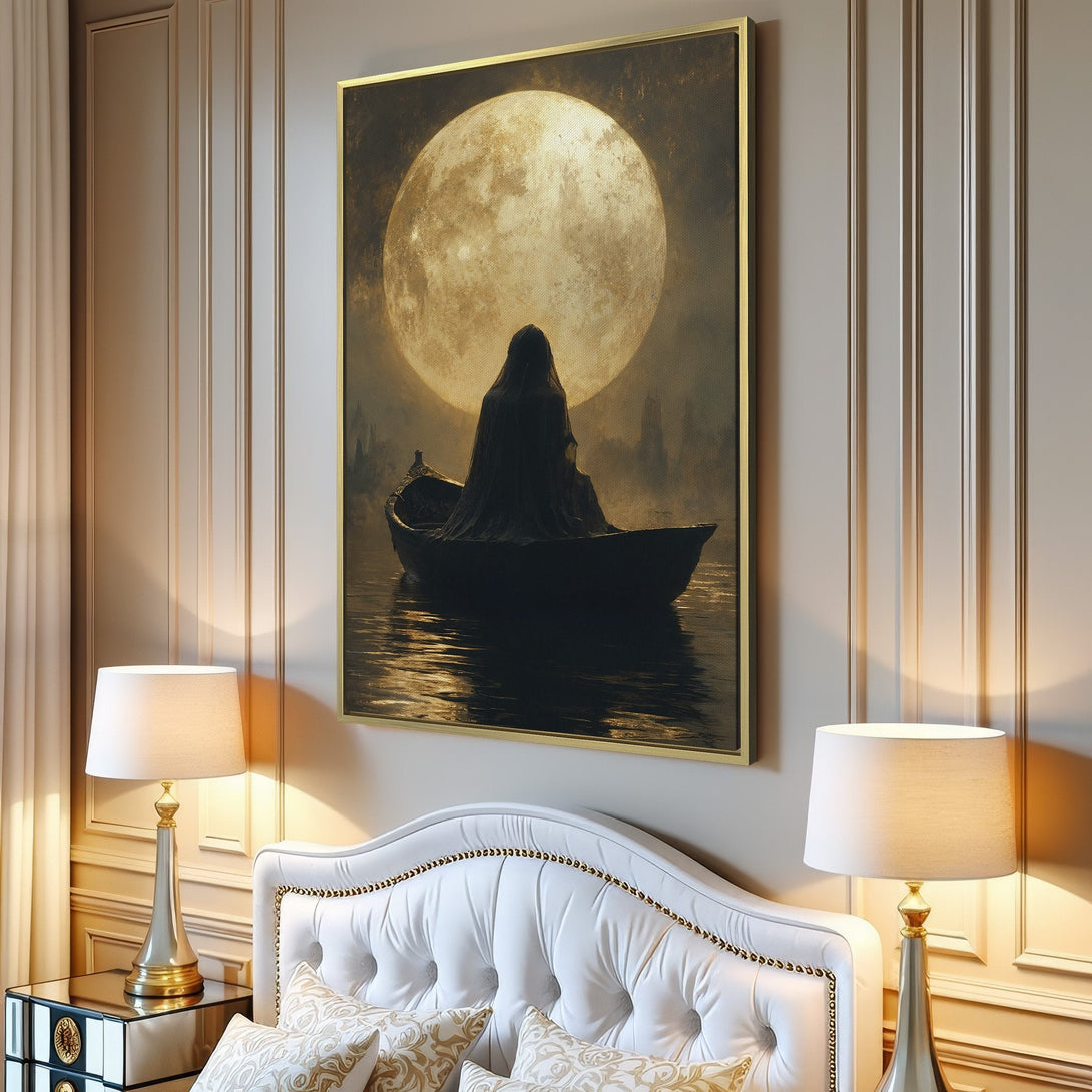Canvas Print featuring a mysterious figure in a boat under a full moon. Moody art with a warm, golden color palette. Perfect wall decor!