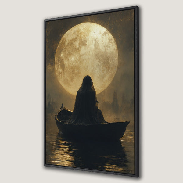 Framed Wall Art: Mystical canvas print featuring a figure in a boat under a golden moon. Dark, moody artwork with a vintage, ethereal style. Perfect for any space.