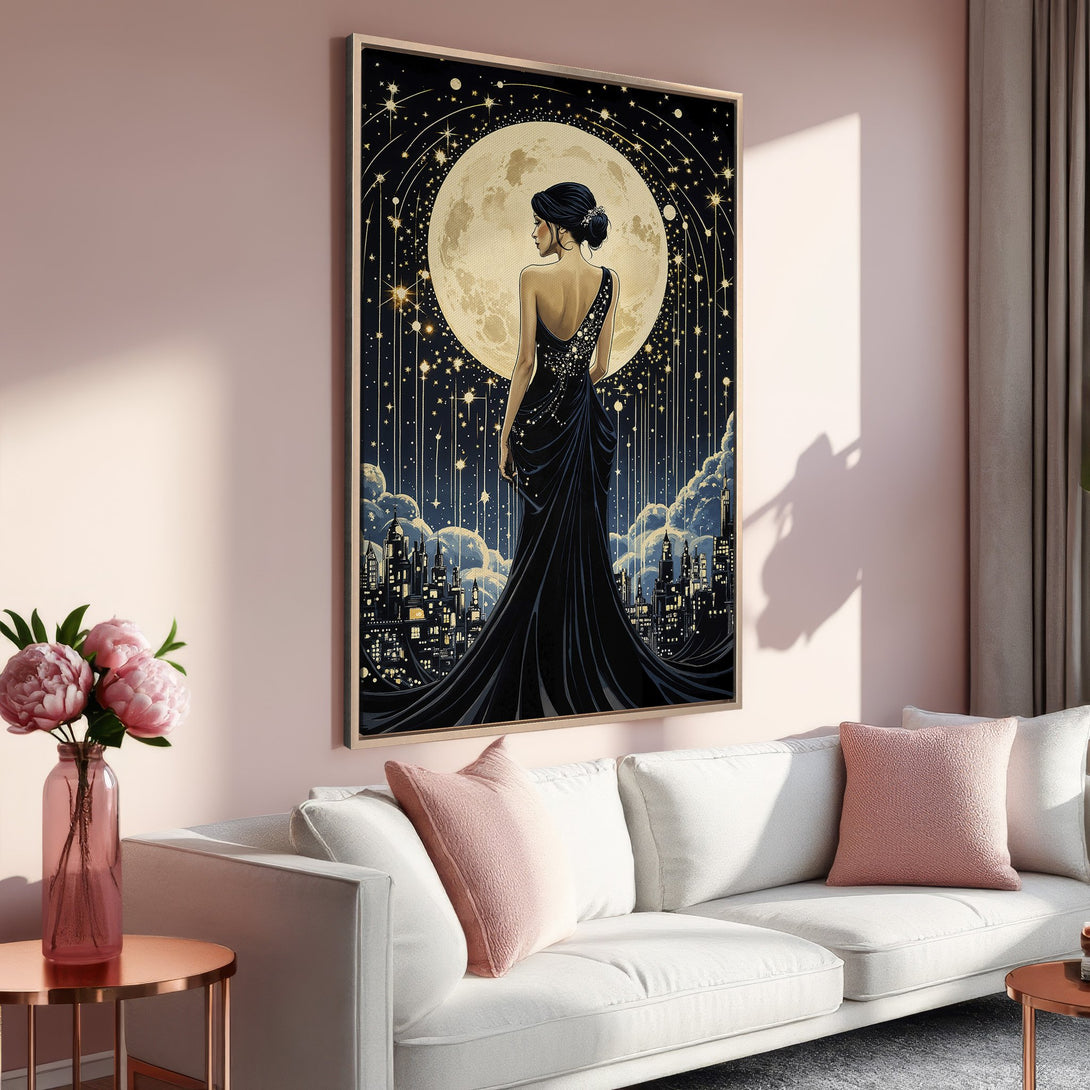 Framed Wall Art: Art Deco woman under the moon. Elegant Canvas Print with a black, gold, and blue color palette. Perfect for your living room decor.