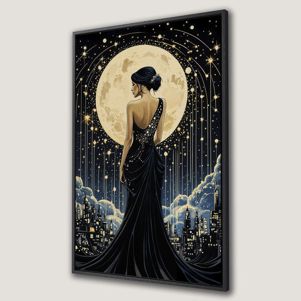 Framed Wall Art: Elegant woman in black dress, art deco style, against a night sky with moon & city. Stunning black, gold, and blue color palette.