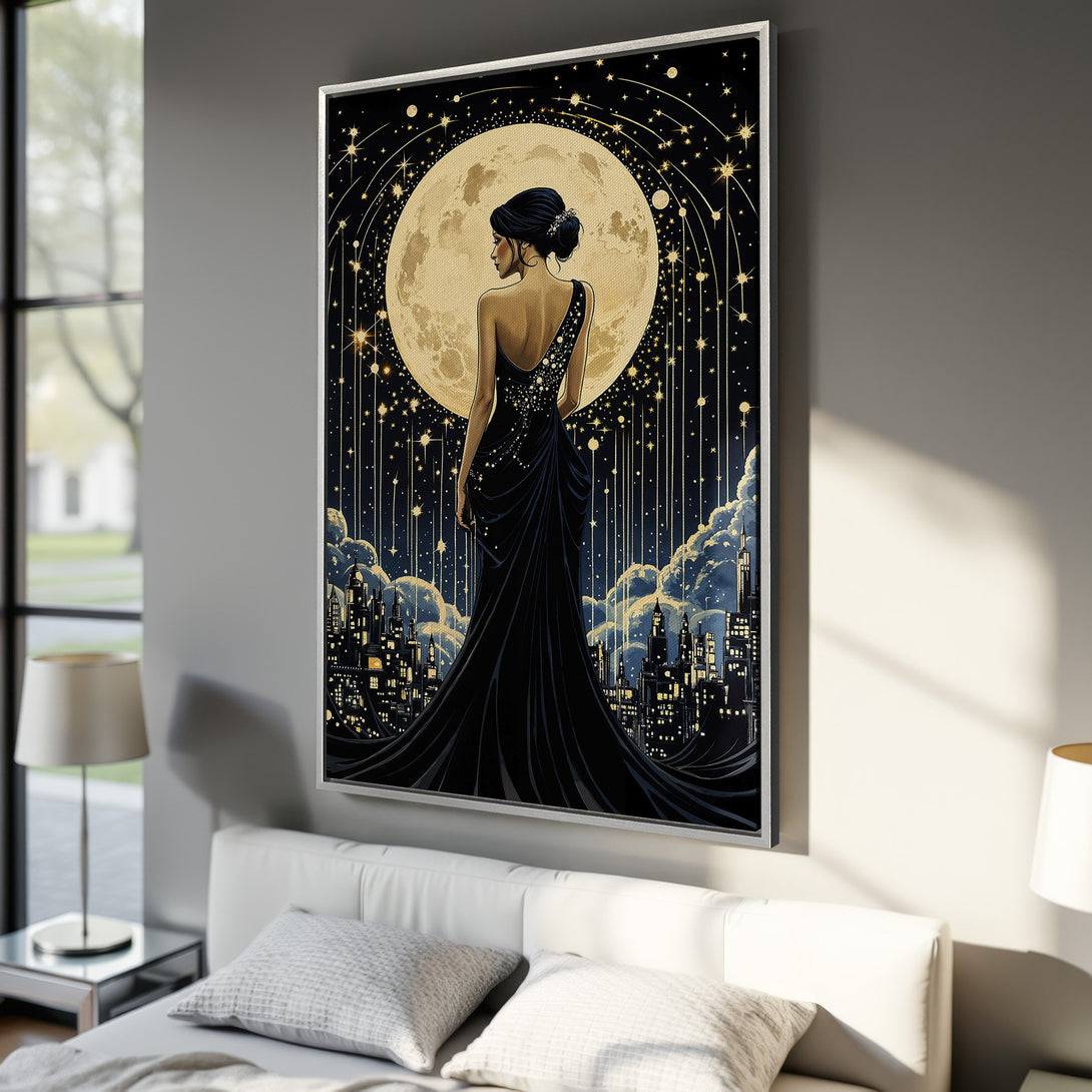 Framed Wall Art: Art Deco woman in black dress against a moonlit cityscape. Stunning canvas print with gold, black, and blue color palette. Elevate your bedroom decor!