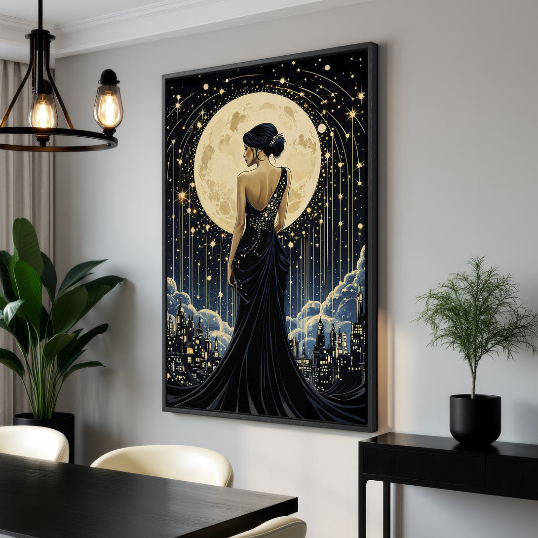 Framed Wall Art: Elegant woman in a black dress with a moon backdrop. Art Deco style, black, gold, and blue color palette. Perfect for modern decor.