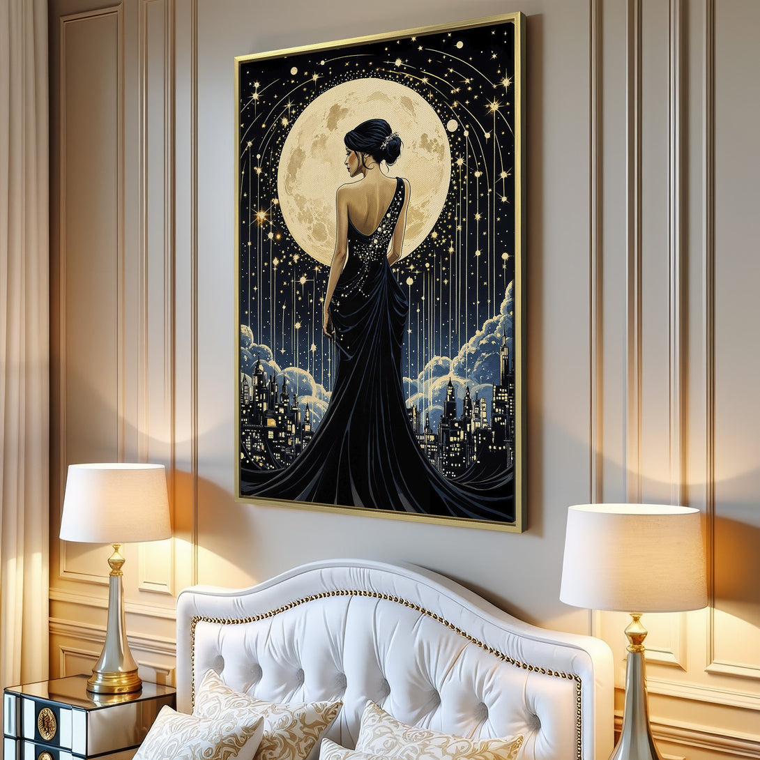 Canvas Print of a woman in a black dress, art deco style, against a night sky and city backdrop. Features a black, gold, and blue color palette.