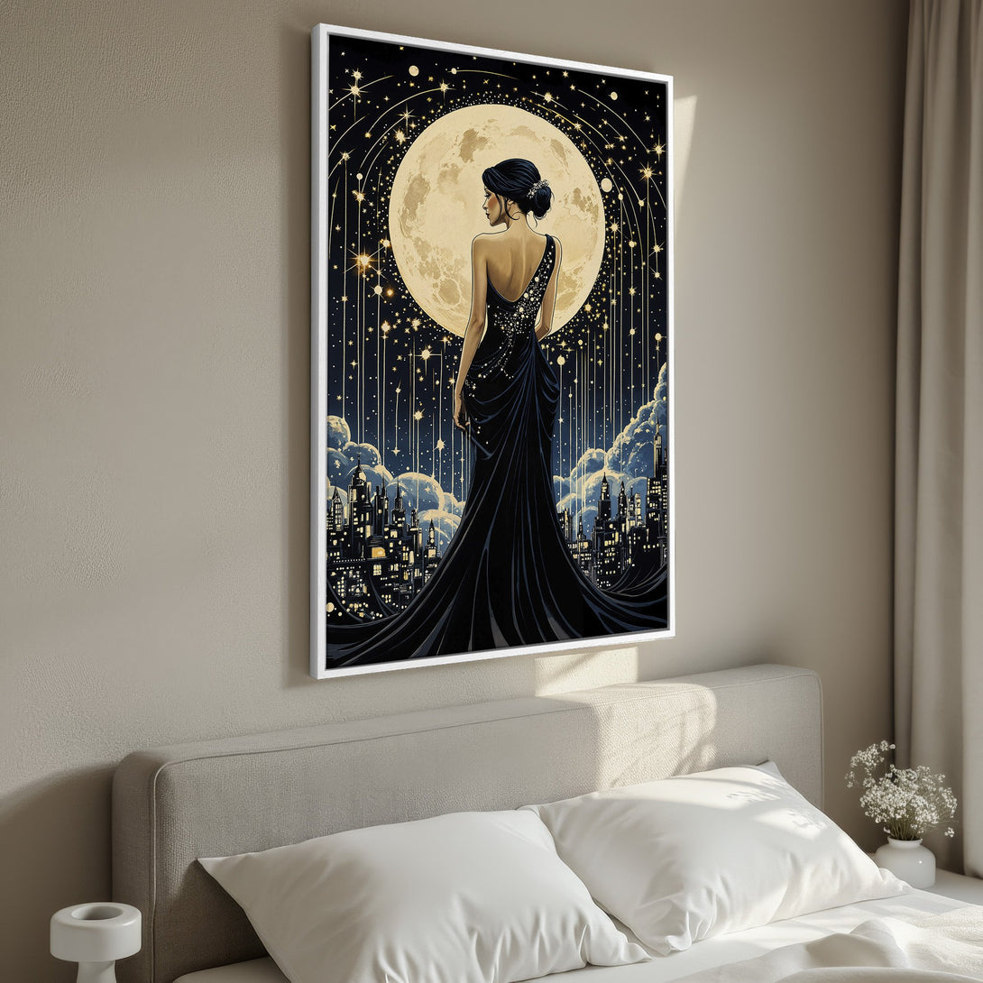 Framed Wall Art: Stunning woman in black gown against a moonlit cityscape. Art Deco style, gold and navy color palette. Perfect for adding elegance to your space.