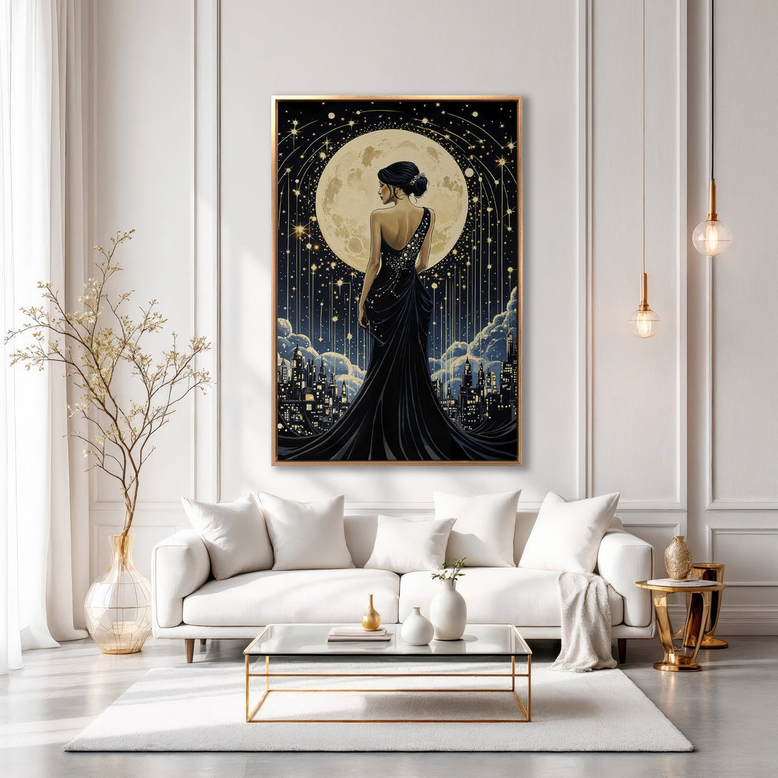 Framed Wall Art: Elegant woman in black dress against moonlit city, art deco style. Gold, black, and white color palette. Perfect for modern home decor.