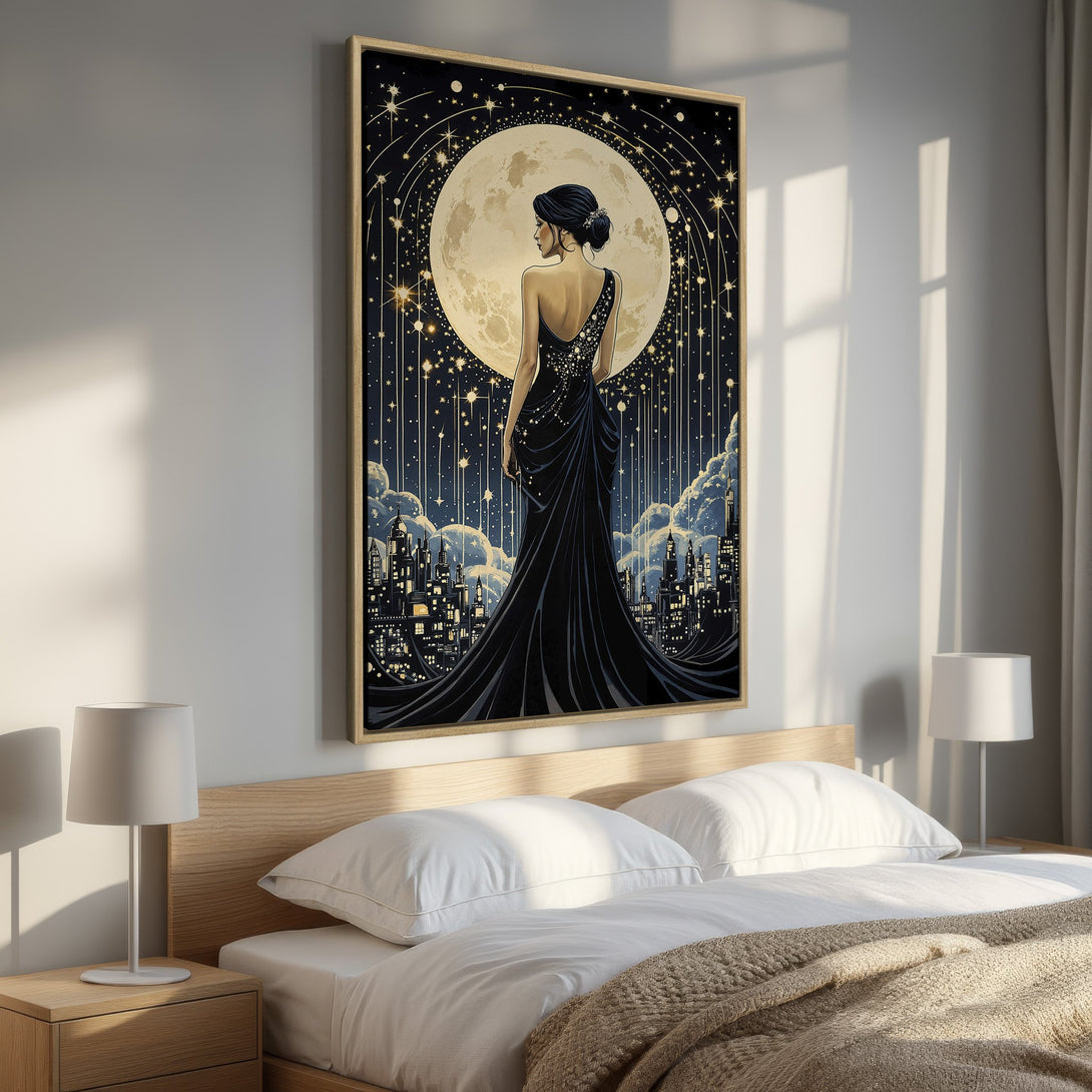 Framed Wall Art: Elegant woman in black dress with moon backdrop. Art Deco style, rich navy, gold, and cream color palette. Perfect bedroom decor!
