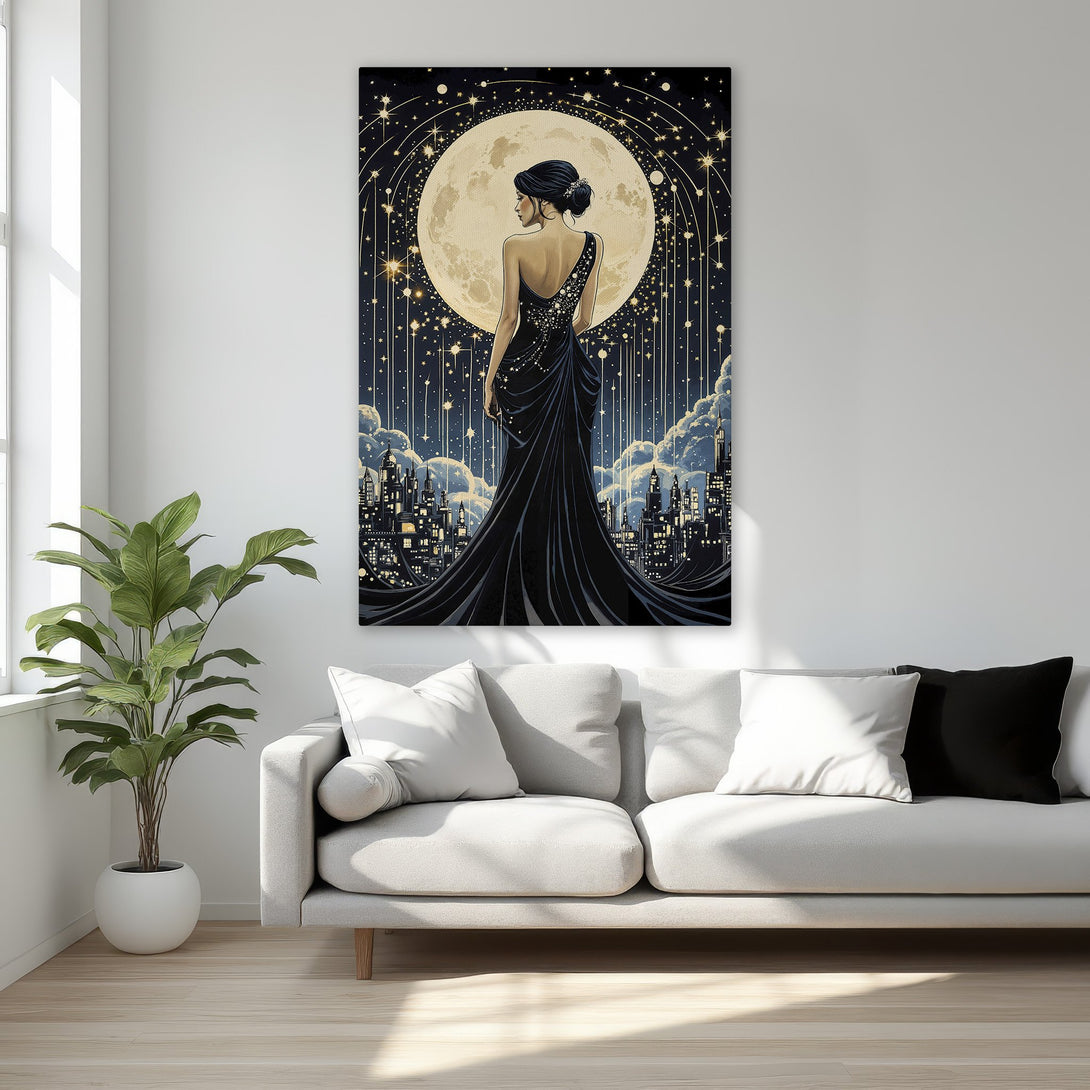 Framed Wall Art featuring a woman in a black dress against a moonlit cityscape. Elegant art deco style with a black, gold, and navy color palette. Perfect for bedroom decor.