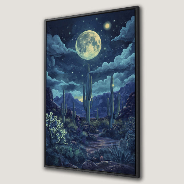 Framed Wall Art of a desert landscape under a moonlit sky. Artistic style with a blue and green color palette. Perfect for adding a touch of nature.