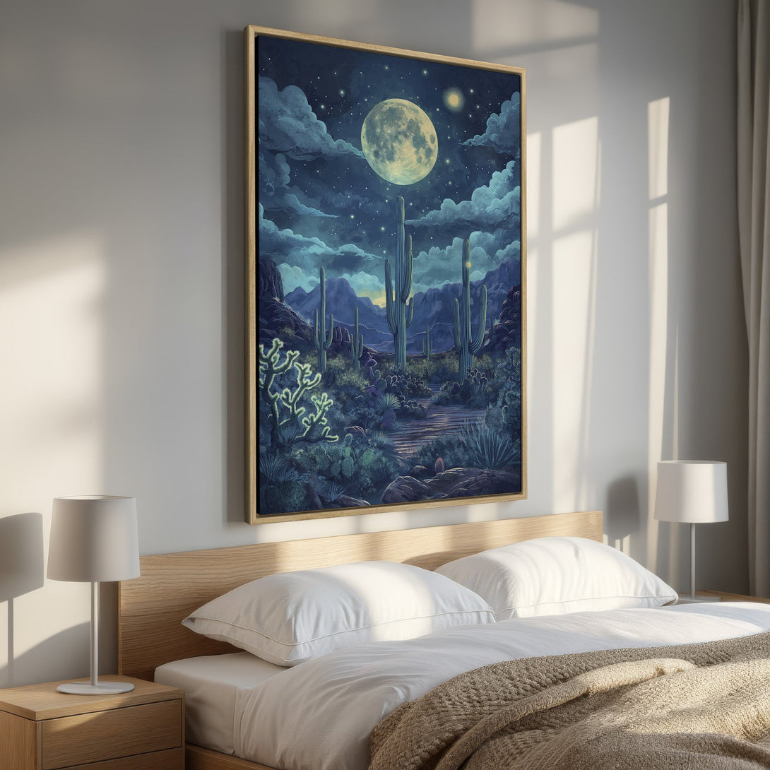 Framed Wall Art: Desert night scene Canvas Print with moon, cacti, and stars. Blue and green color palette, perfect for bedroom decor.