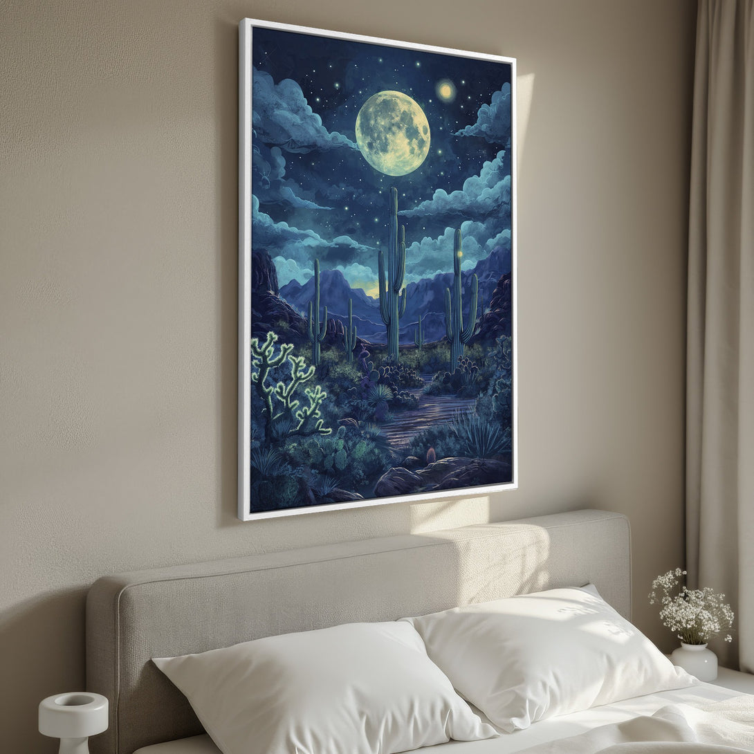 Framed Wall Art featuring a desert night scene with a large moon. Moody, illustrative style with a blue and green color palette. Perfect bedroom decor.