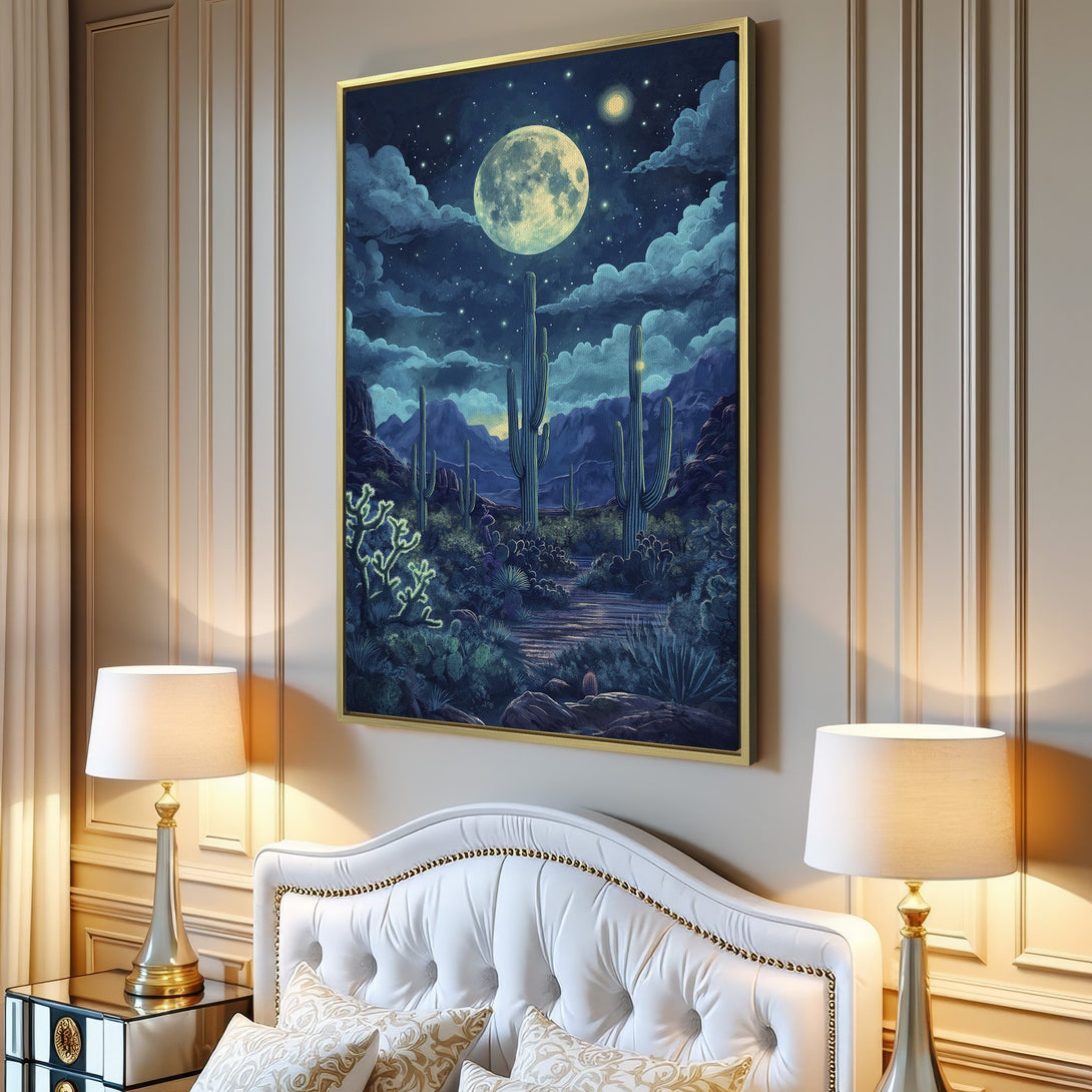 Canvas Print of a desert night scene with a large moon, cacti, and mountains in a cool blue and green palette. Perfect wall art!