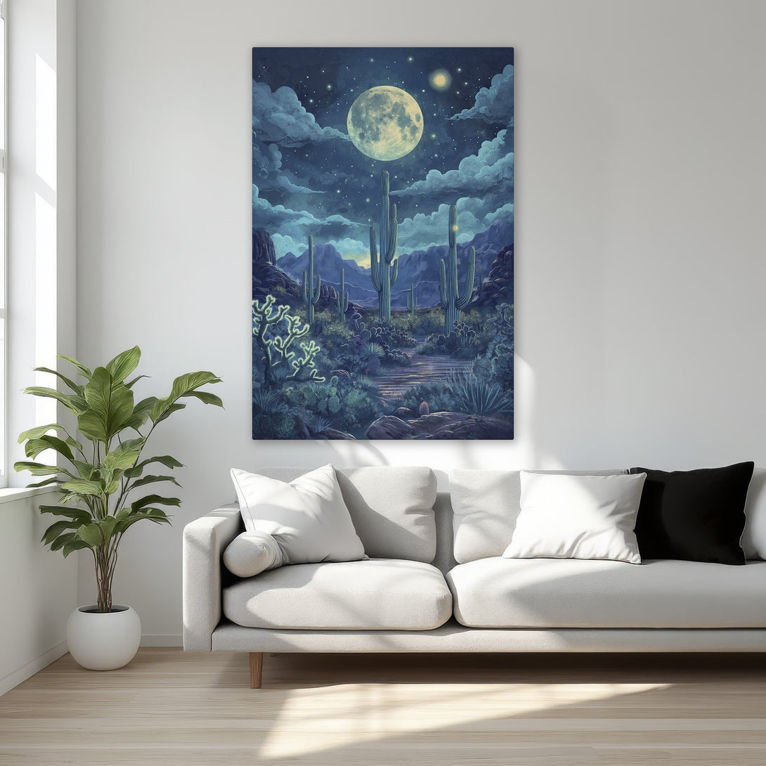 Framed Wall Art: Desert landscape painting with a full moon, in a blue and green color palette. Perfect for adding a touch of nature to your bedroom!