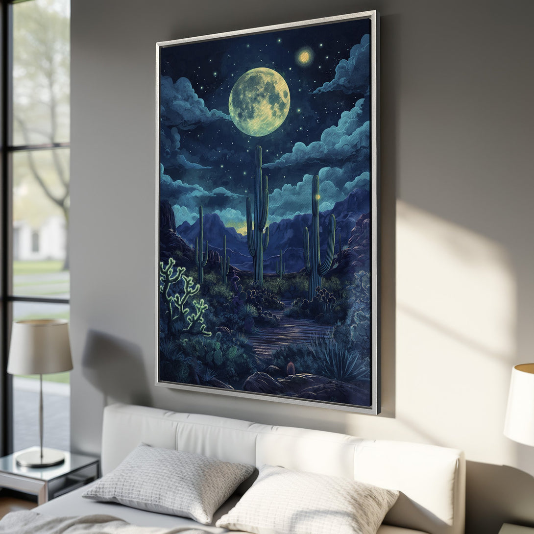 Framed Wall Art: Desert night scene Canvas Print with a full moon, cacti, and a dark blue and green color palette. Perfect for adding a touch of nature to your space!